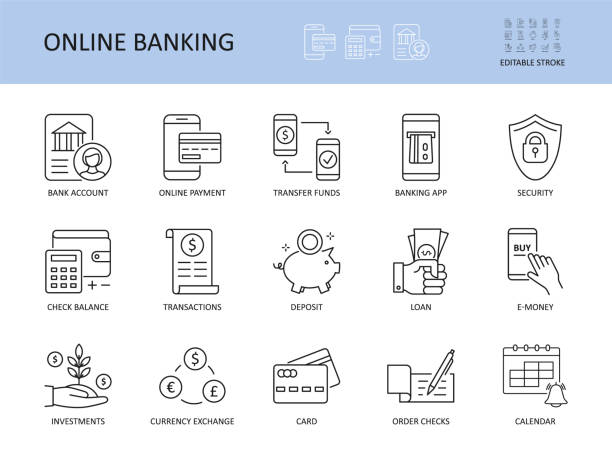 オンラインバン。編集可能なストローク ベクトル アイコン。銀行口座のe送金資金オンライン支払い。最近の取引セキュリティローン預金小切手残高銀行アプリの一覧。経営投資カード - piggy bank savings internet finance点のイラスト素材／クリップアート素材／マンガ素材／アイコン素材