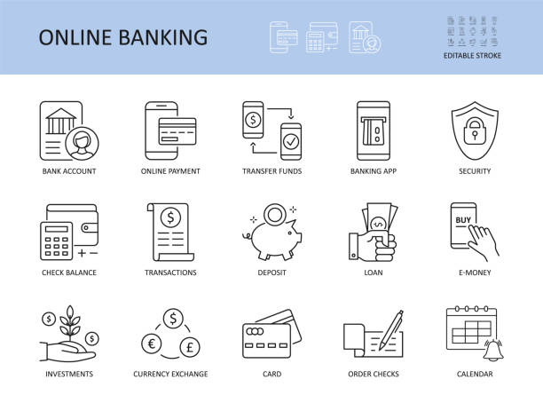 Online banking. Editable stroke vector icons. Bank account emoney transfer funds online payment. List of recent transaction security loan deposit check balance banking app. Management investment card Online banking. Editable stroke vector icons. Bank account emoney transfer funds online payment. List of recent transactions security loan deposit check balance banking app. Management investment card banking symbols stock illustrations