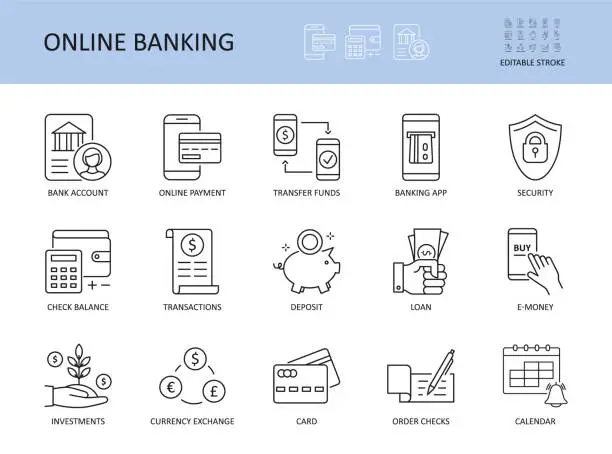 Vector illustration of Online banking. Editable stroke vector icons. Bank account emoney transfer funds online payment. List of recent transaction security loan deposit check balance banking app. Management investment card