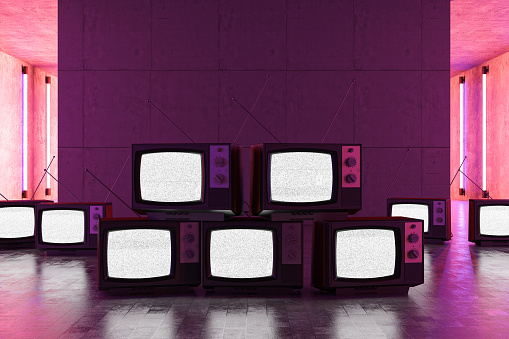 Pile of Old Televisions with Neon Lights. 3d Render