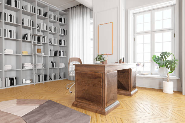 library in the home office with wooden desk - book school desk old imagens e fotografias de stock