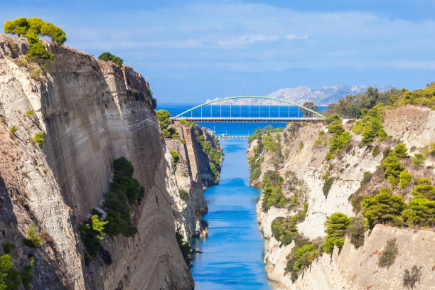 The Corinth Canal is a canal that connects the Gulf of Corinth with the Saronic Gulf in the Aegean Sea. It cuts Isthmus of Corinth and separates Peloponnese from the Greek mainland.