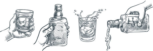 menschliche hand hält whisky-glas. schottischer whisky oder schnaps, der aus der flasche gießt. vektor handgezeichnete skizze illustration. - shot glass stock-grafiken, -clipart, -cartoons und -symbole