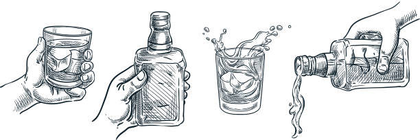 ilustrações de stock, clip art, desenhos animados e ícones de human hand holding whiskey glass. scotch whisky or brandy pouring out of bottle. vector hand drawn sketch illustration. - shot glass