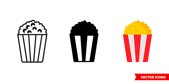 Popcorn icon of 3 types color, black and white, outline. Isolated vector sign symbol.