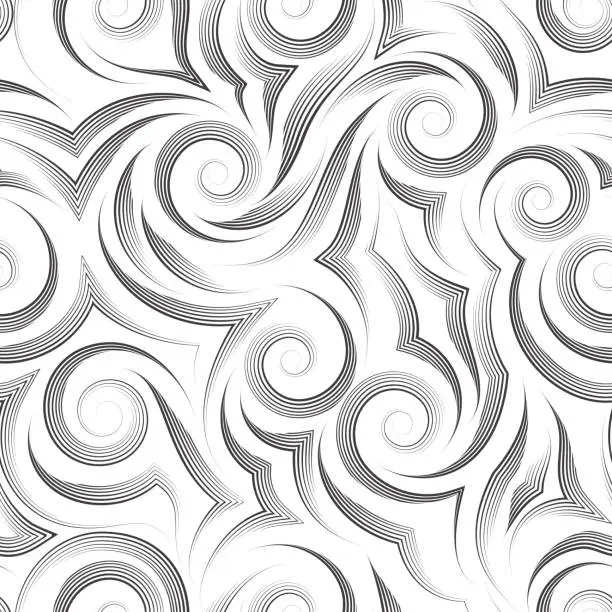 Vector illustration of Seamless vector pattern of black lines drawn by smooth pen in the form of spirals and curls isolated on white background. Print for fabric or paper.