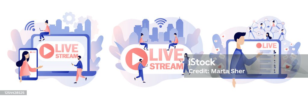 Live Streaming Tiny People Watch Live Stream In Social Networks Online  Video Chat Modern Flat Cartoon Style Vector Illustration On White  Background Stock Illustration - Download Image Now - iStock