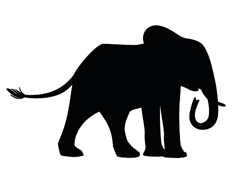 Black silhouette cute adult elephant on the walk cartoon animal design flat vector illustration isolated on white background.