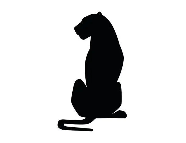 Vector illustration of Black silhouette adult lioness sit on the ground african wild predatory cat female lion cartoon cute animal design flat vector illustration isolated on white background