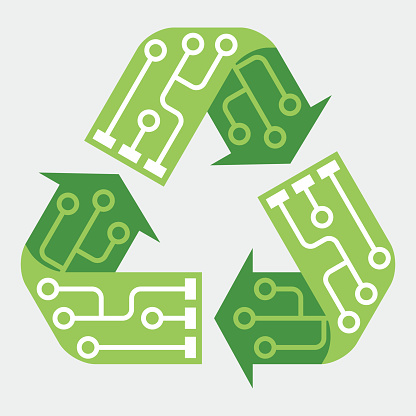 E-waste garbage icon. Old discarded electronic waste to recycling symbol. Ecology concept. Design by recycle sign with circuit lines. Flat colors style vector illustration isolated on grey background.