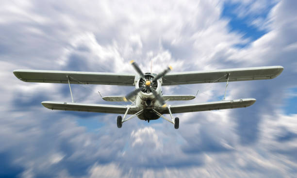 istock Biplane landing with cloudy sky on the background. 1254443891
