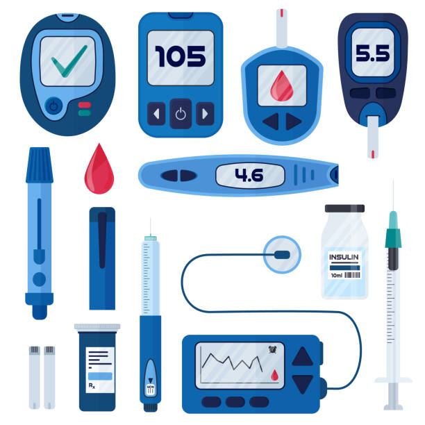 diyabet düz vektör infografik elemanları karikatür tarzında ayarlayın. diyabet ekipman simge koleksiyonu. i̇nsülin pompası, glucometer, şırınga, kalem, mızrak, test şeritleri. sağlık ve önleme kavramı - glükomere stock illustrations