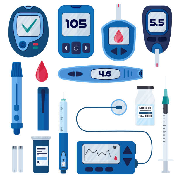Diabetes flat vector infographic elements set in cartoon style. Diabetes equipment icon collection. Insuline pump, glucometer, syringe, pen, lancet, test strips. Concept of healthcare and prevention Diabetes flat vector infographic elements set in cartoon style. Diabetes equipment icon collection. Insuline pump, glucometer, syringe, pen, lancet, test strips. Concept of healthcare and prevention diabetes stock illustrations