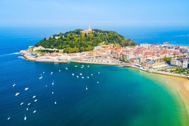 San Sebastian aerial panoramic view San Sebastian or Donostia aerial panoramic view. San Sebastian is a coastal city in the Basque country in Spain. comunidad autonoma del pais vasco stock pictures, royalty-free photos & images