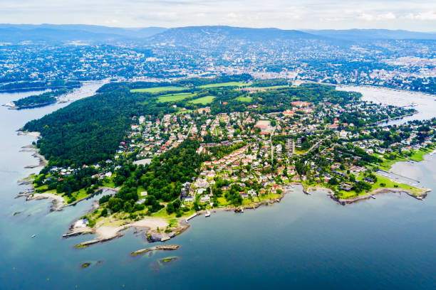 Bygdoy aerial view, Oslo Bygdoy aerial panoramic view. Bygdoy peninsula situated on western side of Oslo city, Norway. Bygdoy is the home of five national museums as well as a royal estate. peninsula stock pictures, royalty-free photos & images