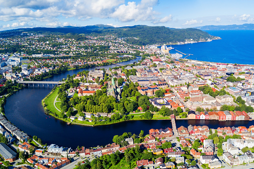Trondheim city aerial panoramic view. Trondheim is the third most populous municipality in Norway.