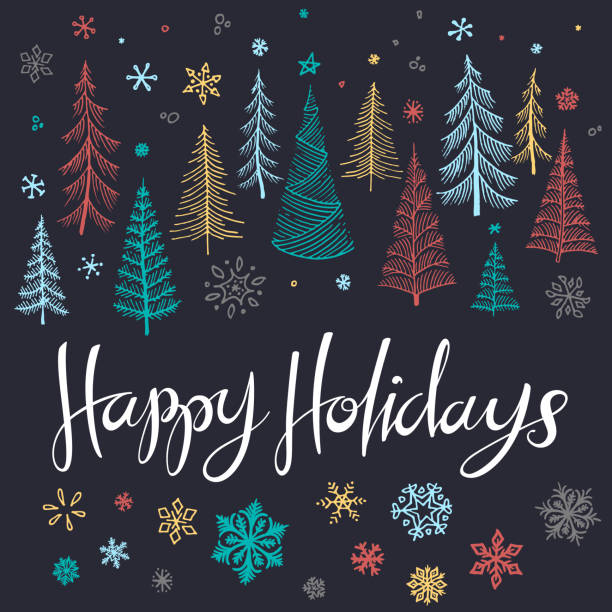 ilustrações de stock, clip art, desenhos animados e ícones de happy holidays sketched trees illustration - invitation blue old fashioned contemporary