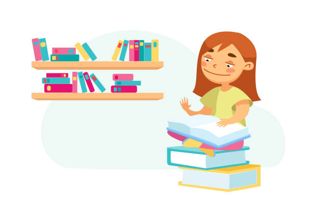 illustrations, cliparts, dessins animés et icônes de l’éducation, le retour à l’école et le concept de connaissances. personnage d’écolière s’asseoir sur les manuels pile lire livre, étudier, préparer l’examen dans la bibliothèque. apprentissage des enfants à la maison ou en classe. illust - enfant prodige