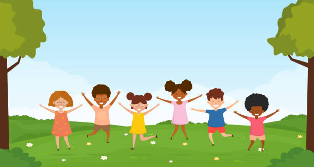 小さな子供たちは楽しんで、自然の中で一緒に遊ぶ。 - family cartoon child little girls点のイラスト素材／クリップアート素材／マンガ素材／アイコン素材