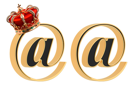 E-mail, at sign with gold crown and without, black font with golden border. 3D rendering isolated on white background