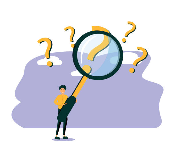 Man holding magnifying glass and looking through it at interrogation points. Concept of frequently asked questions, query, investigation, search for information. Modern flat vector illustration. Vector illustration Man holding magnifying glass and looking through it at interrogation points. Concept of frequently asked questions, query, investigation, search for information. Modern flat vector illustration. Vector illustration german currency stock illustrations