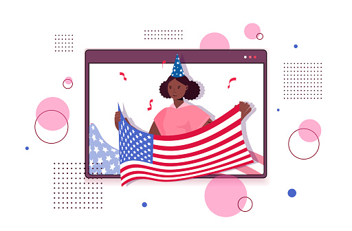 african american woman holding usa flag celebrating 4th of july independence day concept web browser window portrait horizontal vector illustration