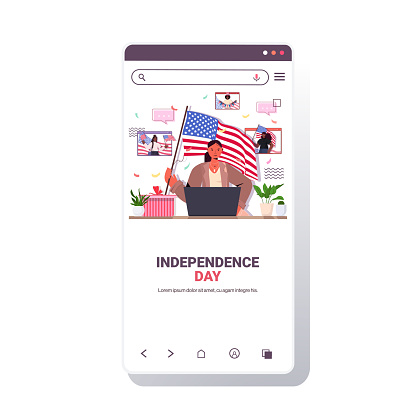 woman holding usa flag celebrating 4th of july american independence day concept girl chatting with mix race friends smartphone screen mobile app portrait vector illustration