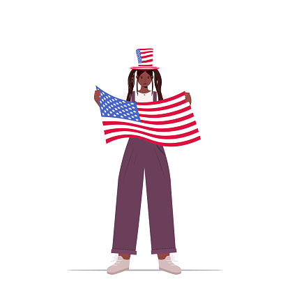 african american woman in festive hat holding usa flag girl celebrating 4th of july independence day concept full length isolated vector illustration