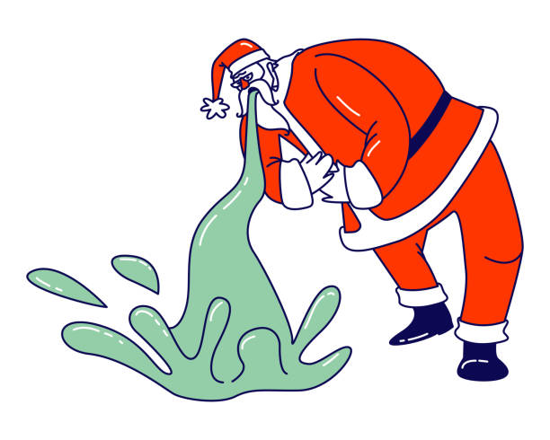 ilustrações de stock, clip art, desenhos animados e ícones de sick santa claus puke suffering of food poisoning or alcohol intoxication. xmas character wearing red costume and hat stomach disease. christmas personage sickness, illness. linear vector illustration - intoxication