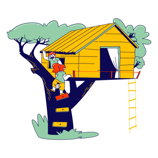 ilustrações, clipart, desenhos animados e ícones de crianças subindo na casa da árvore no home yard. personagens brincando no infantil playground, treehouse com escadas de madeira e corda, lugar para jogos de verão para crianças. ilustração vetorial de pessoas lineares - preschooler playing family summer