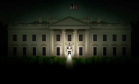 Night view of the north side of the White House, with primary light coming from the porch light. 3D Illustration