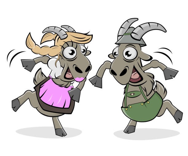 смешные мультфильмы иллюстрация танцующих коз в баварском lederhosen и баварский dirndl - german culture oktoberfest dancing lederhosen stock illustrations