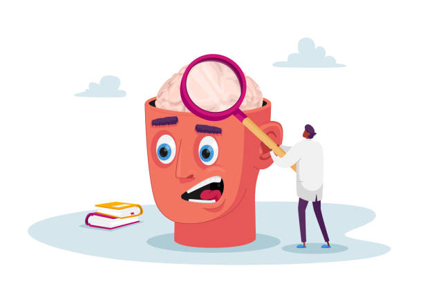 winzige doktor charakter mit riesigen vergrößerung glas lernen kranke menschliches gehirn, patient mit psychischen problemtherapie und medizinische unterstützung. psychiatrische klinik oder institut. cartoon vektor illustration - menschliches körperteil stock-grafiken, -clipart, -cartoons und -symbole