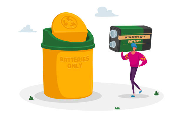 電子廢電池回收利用,自然保護理念。微小的男性字元攜帶巨大的酸可充電蓄能器。減少地球污染電子垃圾回收。卡通向量插圖 - 電池 插圖 幅插畫檔、美工圖案、卡通及圖標