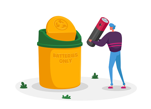 Waste Electrical and Electronic Equipment Concept. Tiny Man Character Throw Out Huge Battery into Special Litter Bin for Recycling and Trash Separation. Ecology Protection. Cartoon Vector Illustration