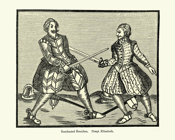 elisabethanische männer duellieren sich mit schwertern, ende des 16. jahrhunderts - 16th century style stock-grafiken, -clipart, -cartoons und -symbole