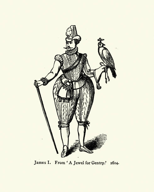 król jakub i, trzymający sokoła, xvii wiek - james i stock illustrations