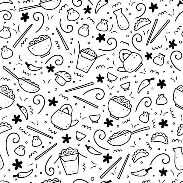 ilustraciones, imágenes clip art, dibujos animados e iconos de stock de patrón sin costura dibujado a mano de la comida asiática. ilustración vectorial - sushi cartoon food wallpaper pattern