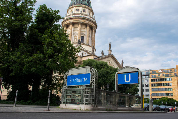 Berlin / Germany - Jun 26 2020: U-Bahn Stadtmitte station in front of the New Church. (German Cathedral)