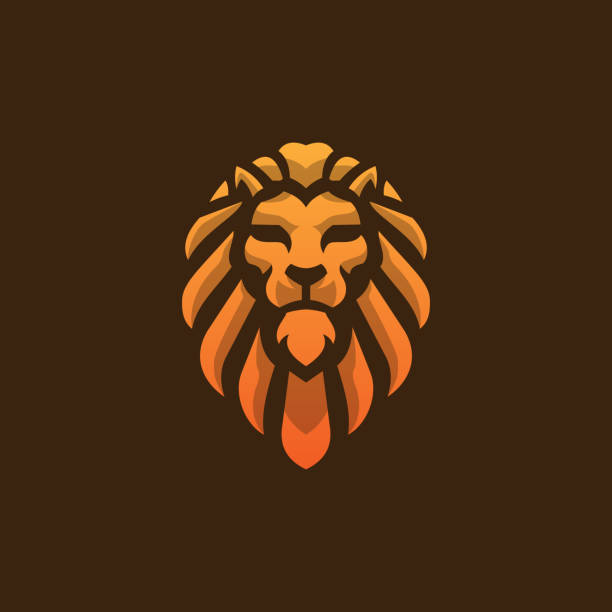 Lion Head Logo Template, Lion Strong Logo Golden Royal Premium Elegant Design on dark Brown Background Lion head logo design template, Element for the brand identity ,Vector illustration lion animal head mascot animal stock illustrations