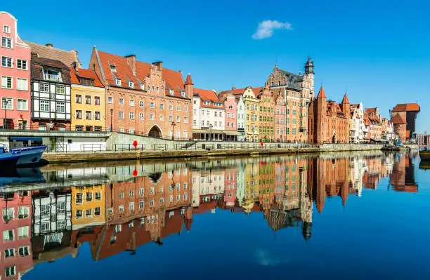 Amazing view of Gdansk old town over Motlawa river with beautiful reflection in the water. Gdansk, Poland, Europe. Artistic picture. Beauty world. Travel concept.