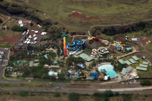 Oahu - June 13, 2014: Aerial of Wet 'n' Wild Hawaii and Highway.