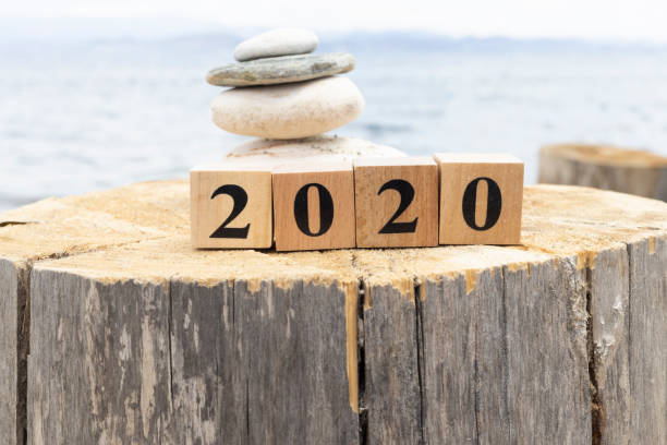 istock 2020 text on wooden cubes on tree stump. Close up. 1254469342