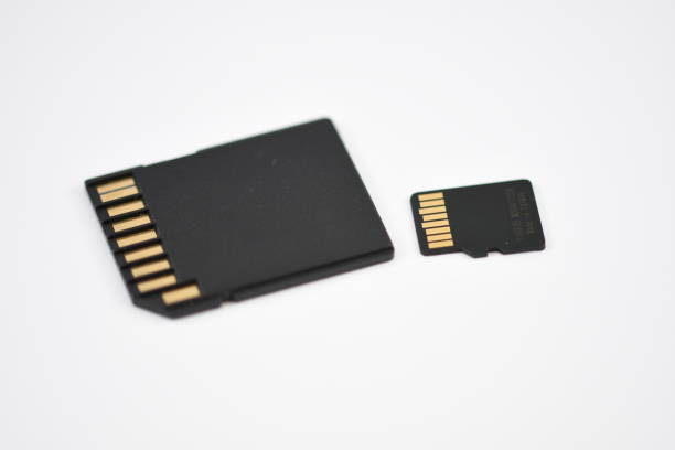 istock Black microSD memory card and SD card adapter isolated on white 1254470231