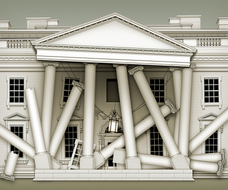 Night time north view of the White House, with columns, windows, and the basic structure falling down. 3D Illustration