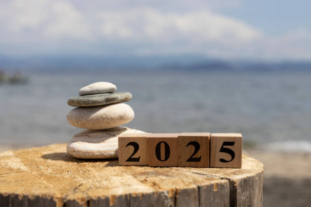 istock 2025 text on wooden cubes on tree stump. Close up. 1254474556