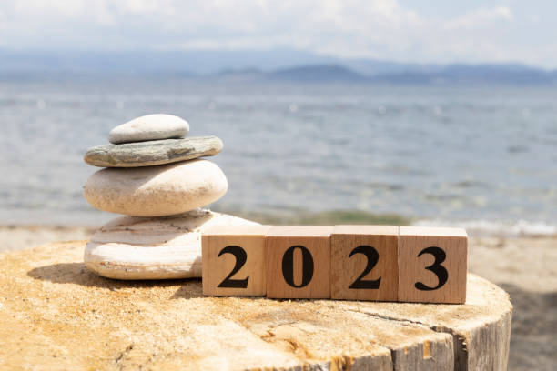 istock 2023 text on wooden cubes on tree stump. Close up. 1254476066