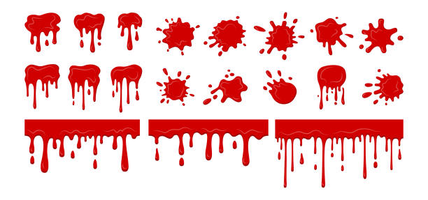 Blood drip splatters blob bloody collection vector Blood drip splatters blob, collection. Bloody current splatter collection. Halloween decorative shapes liquids. Stain shape collection, drops cartoon flat spatters. Isolated vector illustration blood pouring stock illustrations