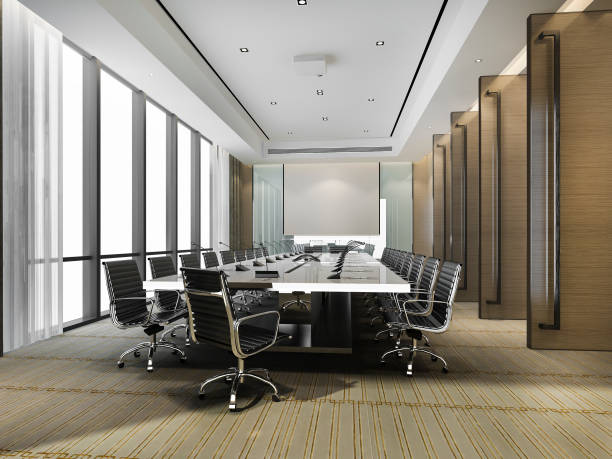 istock 3d rendering business meeting room on high rise office building 1254478312