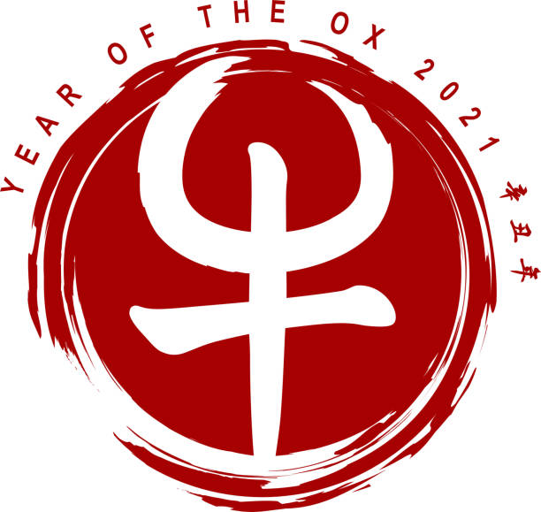Ox Chinese Calligraphy Celebrate the Year of the Ox 2021 with Chinese calligraphy on the red brush drawing circle, the Chinese character means Ox and the Chinese phrase around the circle means Year of the Ox according to Chinese calendar Ink and Brush stock illustrations